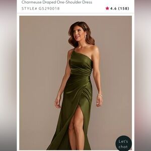 david's bridal galina signature charmeuse draped one-shoulder olive maritini 14